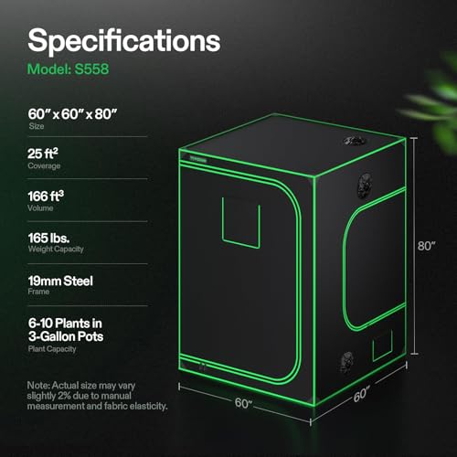 VIVOSUN S558 5x5 Grow Tent 60"x60"x80" High Reflective Mylar Tent | Wide Observation Window & Removable Floor Tray, 100% Reflective Mylar Interior, Sturdy Steel Frame for Plant Grow Setup - size: 60"x60"x80"