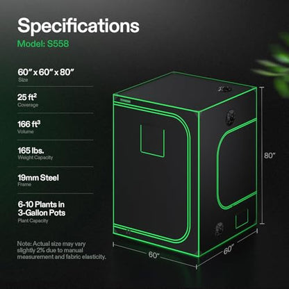 VIVOSUN S558 5x5 Grow Tent 60"x60"x80" High Reflective Mylar Tent | Wide Observation Window & Removable Floor Tray, 100% Reflective Mylar Interior, Sturdy Steel Frame for Plant Grow Setup - size: 60"x60"x80"