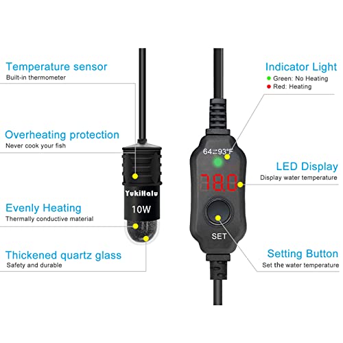 YukiHalu USB Powered Aquarium Heater, 10W Adjustable Mini Fish Tank Heater with External Temperature Controller, LED Display, Used for 0.5-1 Gallon Tank (10W USB) - size: 10 Watts (USB)