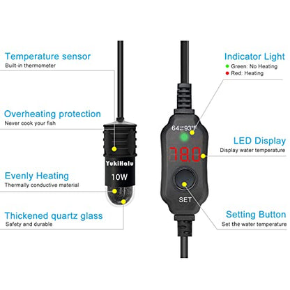 YukiHalu USB Powered Aquarium Heater, 10W Adjustable Mini Fish Tank Heater with External Temperature Controller, LED Display, Used for 0.5-1 Gallon Tank (10W USB) - size: 10 Watts (USB)