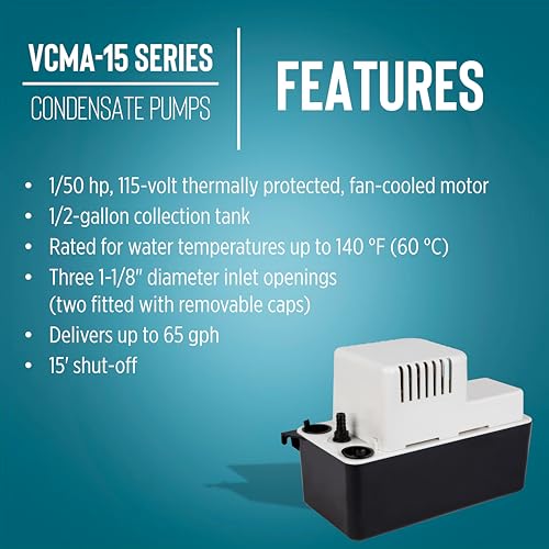 Little Giant VCMA-15ULT 115 Volt, 65 GPH, 1/50 HP Automatic Condensate Removal Pump with Tubing (no safety switch), Black/White, 554411 | 6' cord w/ plug, 20' Tubing, No safety switch, 1/50 HP, 15' shutoff, Automatic, 1/2 gal tank, For HVAC /dehumidifiers