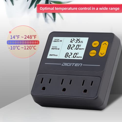 DIGITEN Day-Night Reptile Temperature Controller with Timer | 3-Stage Thermostat Outlet, Cooling & Heating Mode for Terrarium, Ball Python, Bearded Dragon, Heat Mat,Mushroom, Fermentation