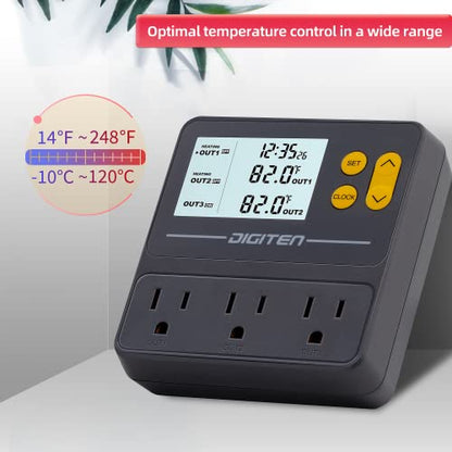 DIGITEN Day-Night Reptile Temperature Controller with Timer | 3-Stage Thermostat Outlet, Cooling & Heating Mode for Terrarium, Ball Python, Bearded Dragon, Heat Mat,Mushroom, Fermentation