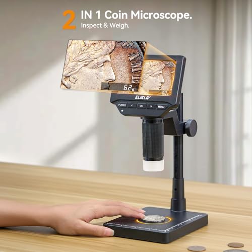 Elikliv EDM4C Coin Microscope with Scale, 4.3" Weighing Digital Magnifier | 0.1g Accuracy, 8" Stand, IPS Screen for Error Coin, Adjustable LED Lights, Win/Mac Compatible, For Coin Collectors, Jewelers - color: Gray