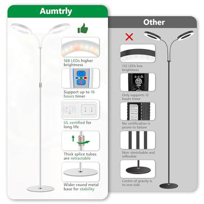 Aumtrly Large Plant Grow Light Indoor, 2 Head Full Spectrum, with 68" Stand | 168 LED, White Floor Growing Lamp for Tall Plant, 6/12/16H Timer, 5 Dimming, Adjustable Height, Flexible Gooseneck,Metal Base - size: 2 head 68inch/white