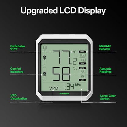 VIVOSUN Digital Hygrometer Thermometer Indoor, Humidity Meter, App Control | Wireless Bluetooth, Indoor, VPD, Data Storage, Dual Channels with Sensor Probe, Battery Included - style: Thermometer