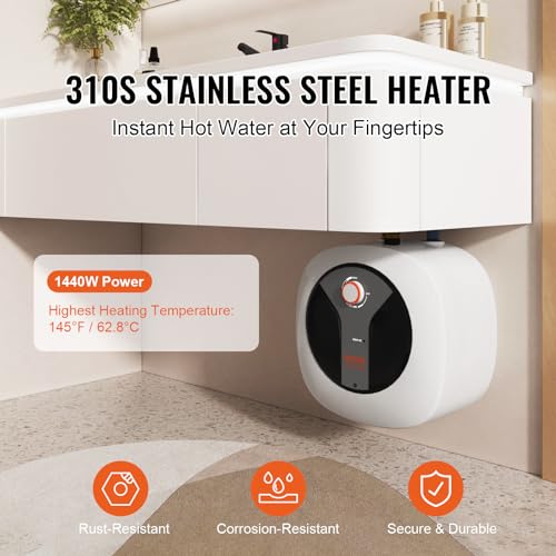 VEVOR Electric Mini-Tank Water Heater 2.5-Gallon Tank, 1440W Hot Water Boiler Storage, Safety Temperature Pressure Valve Easy Install, for Kichen Bathroom Restaurant, Shelf Wall Floor Mounted - size: 2.5gal Upgraded Panel