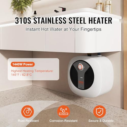 VEVOR Electric Mini-Tank Water Heater 2.5-Gallon Tank, 1440W Hot Water Boiler Storage, Safety Temperature Pressure Valve Easy Install, for Kichen Bathroom Restaurant, Shelf Wall Floor Mounted - size: 2.5gal Upgraded Panel