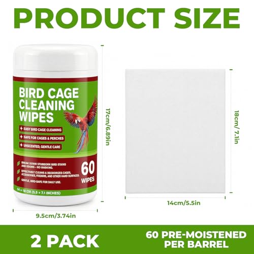 Bird Cage Cleaning Wipes, Unscented Bird Cage Cleaner Wipes for Parrot, Parakeet, Finch & Small Birds, Quick Spot Cleaning for Cages, Perches, Feeders & Trays, 2 Pack 120 Wipes