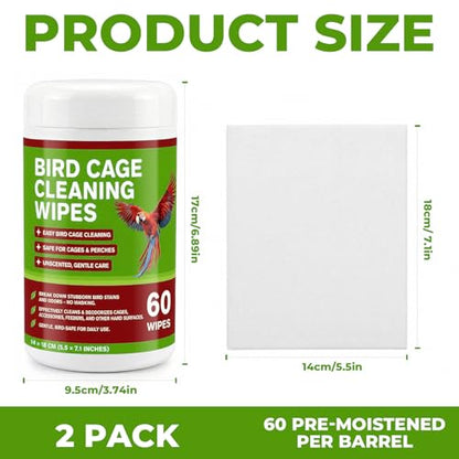 Bird Cage Cleaning Wipes, Unscented Bird Cage Cleaner Wipes for Parrot, Parakeet, Finch & Small Birds, Quick Spot Cleaning for Cages, Perches, Feeders & Trays, 2 Pack 120 Wipes