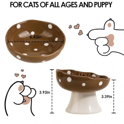 Brown Mushroom Cat Bowl, Elevated Ceramic Bowl for Cats | Cute, Elevated, Ceramic, Whisker Friendly, Dishwasher Safe - color: Brown