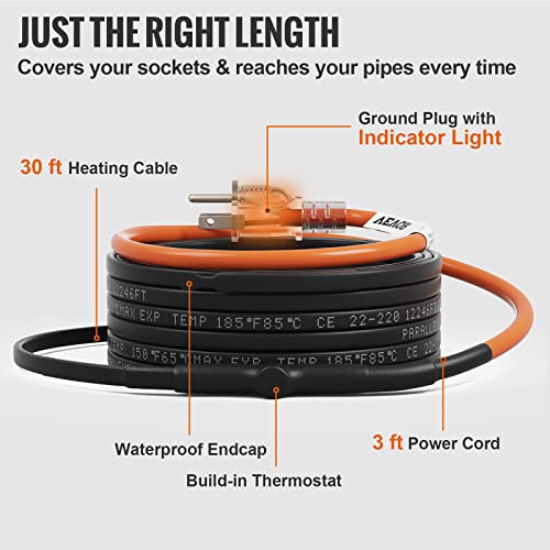 VEVOR Self-Regulating Pipe Heating Cable, 30-feet 5W/ft Heat Tape for Pipes Freeze Protection, Protects PVC Hose, Metal and Plastic Pipe from Freezing, 120V - size: 30 Feet