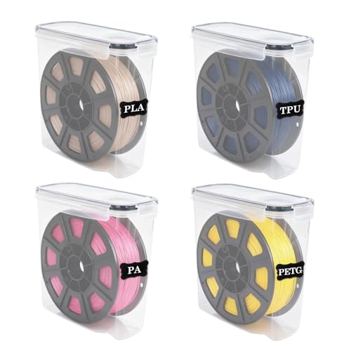 Klmnop 4 Pack Filament Storage Box, Portable 3D Printing Filament Container with Labels & Pen, Water-Proof and Dust-Proof Sealing for 200g and 250g Mini Spools Storage(8.1×8.1×3.7Inch)