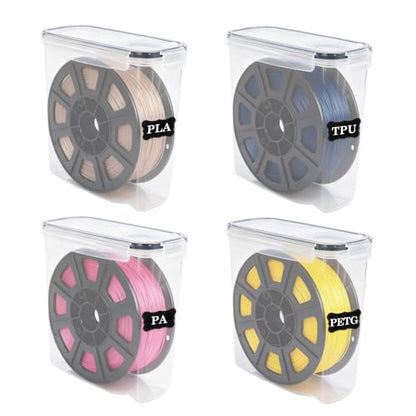 Klmnop 4 Pack Filament Storage Box, Portable 3D Printing Filament Container with Labels & Pen, Water-Proof and Dust-Proof Sealing for 200g and 250g Mini Spools Storage(8.1×8.1×3.7Inch)