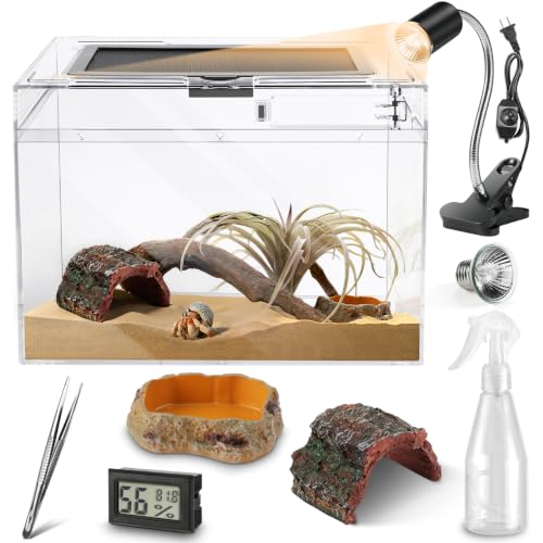 HELIME Reptile Tank 7 Piece Starter Kit with Escape Proof Locking Lid Small | All in One Hermit Crab Tank,Polycarbonate Tarantula Enclosure Frogs Habitat with Light,Hygrometer,Hide,Tweezer,Bowl,Sprayer - size: Small(12x7x9IN)