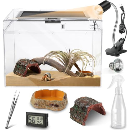 HELIME Reptile Tank 7 Piece Starter Kit with Escape Proof Locking Lid Small | All in One Hermit Crab Tank,Polycarbonate Tarantula Enclosure Frogs Habitat with Light,Hygrometer,Hide,Tweezer,Bowl,Sprayer - size: Small(12x7x9IN)