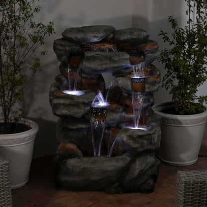 Alpine Corporation WIN1068 Outdoor Floor Rock Water Fountain with LED Lights, 5-Tier Rock Waterfall Fountain 54", Dark Brown - style: 54" H - 5-Tier Cool White LEDs