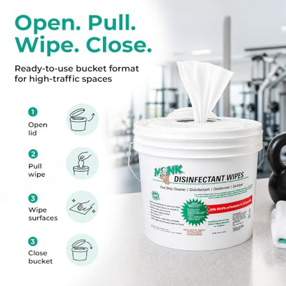 Monk Disinfecting Wipes (2 Buckets of 800 Count) for Commercial Facilities | Heavy Duty Cleaning Wipes - 3in1 Disinfectant, Deodorizer & Sanitizer Cleaning Supplies – All Purpose Cleaner for Home & Gym - size: 800 Count (Pack of 2)