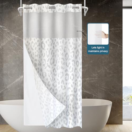 Grey Leopard Print No Hooks Shower Curtain with Snap in Liner Set, Animal Nature Cat Wildlife Fur Tub Curtainn Mesh Top Window & Magnetic Hem Waterproof 35.5X74 Inch - color: Animal Watercolor Dapple Black, size: 35.4"W x 74"L (Pack of 1)