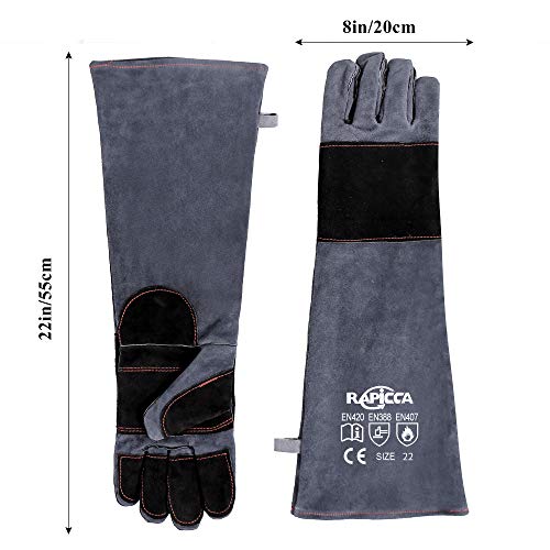 RAPICCA Animal Handling Gloves, Bite Proof Double Leather, 22 in Grey-Black | For Dog, Cat, Bird, Falconry, Snake & Reptile Handling; Vets, Groomers & Animal Control Teams - style: 22 Inches