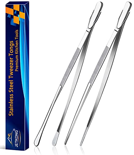JETKONG 2 Pcs 12-Inch Kitchen Tweezers Fine Tweezer Tongs, Extra-Long Stainless Steel Cooking Tweezers (Silver) - color: Silver, size: 12+12 Inch