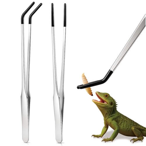 2 Pack Extra Long Stainless Steel Reptile Feeding Tongs with Rubber Tip - 10.6" Straight And Curved Long Tweezers for Aquariums, Feeder for Beard Dragons, Lizard and Snakes (Silver)