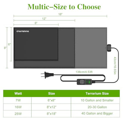 8 by 18-inch 25W Reptile Heating Pad Graphene with Temperature Control Reptile Tank Heat Pad Terrarium Under Tank Heater Mat for Snake Lizard Hermit Crab Reptiles Turtle Thermostat - size: 8"x18" 25W