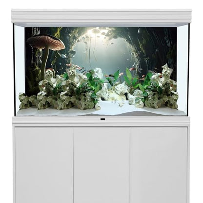 AWERT 30x12 inches Aquarium Background Foggy Stone Mushroom Moss Terrarium Background Polyester Green Plants Cave Fish Tank Background - size: 30x12in/75x30cm