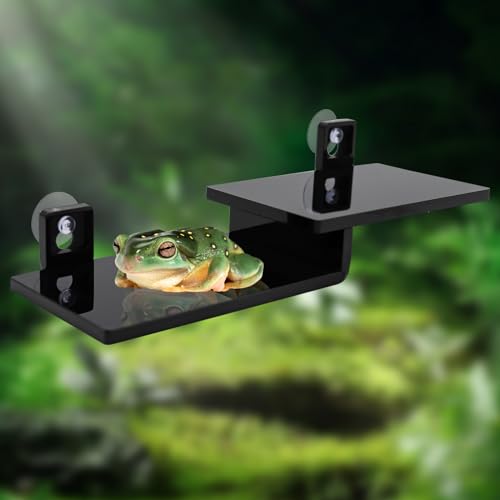 Frog Basking Platform with Suction Cup, Black Acrylic Double Ledge Platform for Reptile, Tank and Aquarium Accessories for Small Animals Tree Frogs Crested Gecko Lizards Axolotl - 7.3 x 2.4 x 1 Inch