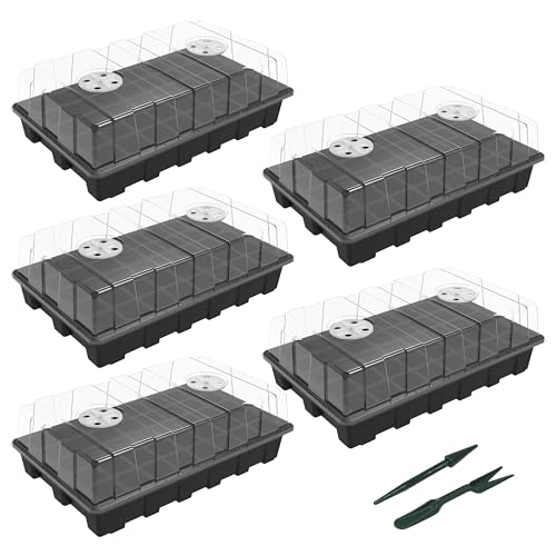 Gardzen 5-Set Seed Starter Tray Kits, Durable Plant Germination Trays with Humidity Vented Domes and Bases, Ideal for Seed Starting, Indoor Gardening, and Greenhouse (Total 200 Cells) | Durable Plant Germination Kit with Humidity Control Domes for Indoor