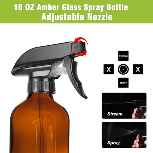 16oz Amber Glass Spray Bottles,2-Pack Refillable Empty Spray Bottl for Cleaning, Hair Care, Plants - Adjustable Nozzl