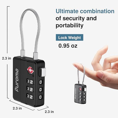 Puroma 4 Pack TSA Locks for Luggage Lightweight 4-Digit Code Padlock Black | TSA Approved, Resettable, Flexible Cable, Zipper holes, Bright Color, Large White Numbers, for Train Travel Suitcase Backpack