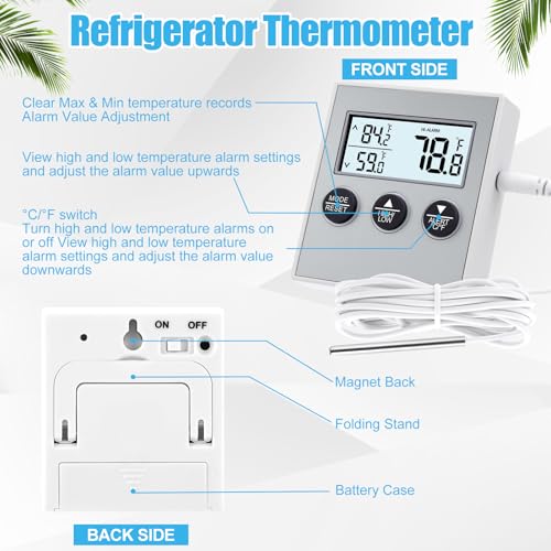 Relaxweex 3 Pack Refrigerator Thermometer Freezer Alarm Digital Thermometer with Sensor, High and Low Alarm Memory Function for Freezer Fridge Kitchen Aquarium(White)
