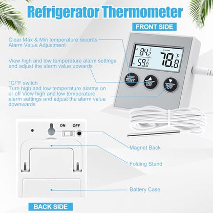 Relaxweex 3 Pack Refrigerator Thermometer Freezer Alarm Digital Thermometer with Sensor, High and Low Alarm Memory Function for Freezer Fridge Kitchen Aquarium(White)