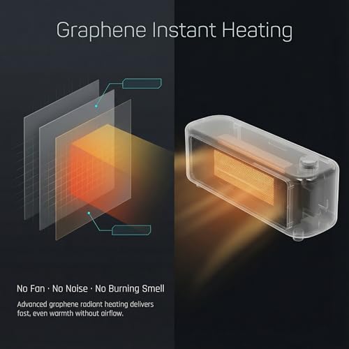 500W Graphene Far-Infrared Mini Desktop Heater, Low-Noise Personal Space Heater with Overheat Protection, Compact Under-Desk & Office Heater, 2 Heat Settings, Safe-Touch Housing