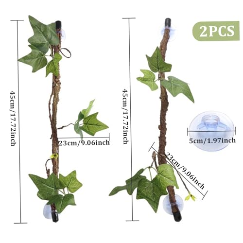 Reptile Branch 2PCS 17 Inch Realistic Reptile Vines with Leaves and Suction Cup Bendable Fake Terrarium Branches for Reptiles Tank Accessories for Snake Lizard Bearded Dragons Gecko Climbing