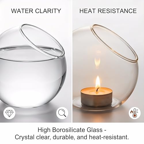 3 Pack Glass Terrarium Containers, Slanted Bowl Air Plant Holder Set | Small Clear Round Succulent Planter Globe for Micro Landscape, Candle Decor