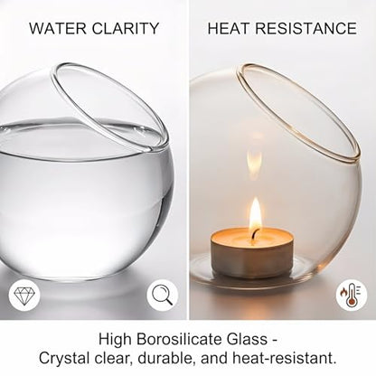 3 Pack Glass Terrarium Containers, Slanted Bowl Air Plant Holder Set | Small Clear Round Succulent Planter Globe for Micro Landscape, Candle Decor