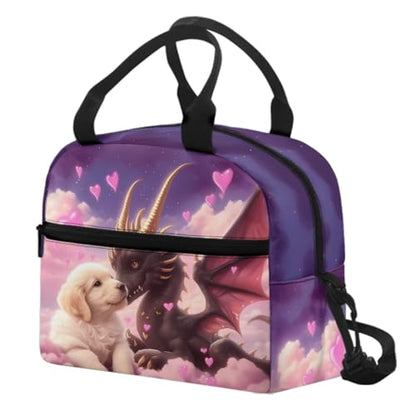 Dragon Lunch Box Girls Golden Retriever Lunch Bag Heart Insulated Lunch Box Outdoor Camping Lunchbox Picnic Lunchbox with Shoulder Straps Student Lunch Boxes - color: Dragon Golden Retriever