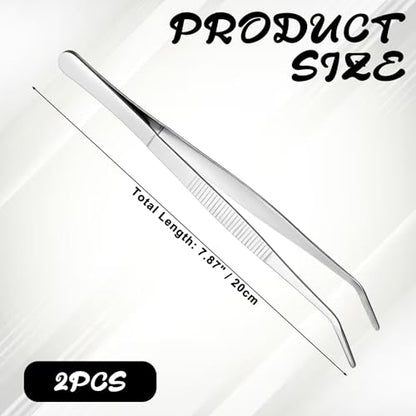 2 PCS 8 Inch Stainless Steel Tweezers with Curved Serrated Tip Kitchen Long Tweezers Set Heavy Duty Sewing Machine Tweezer Long Aquarium Tweezer Reptile Feeding Tongs for Cooking Crafting Repairing
