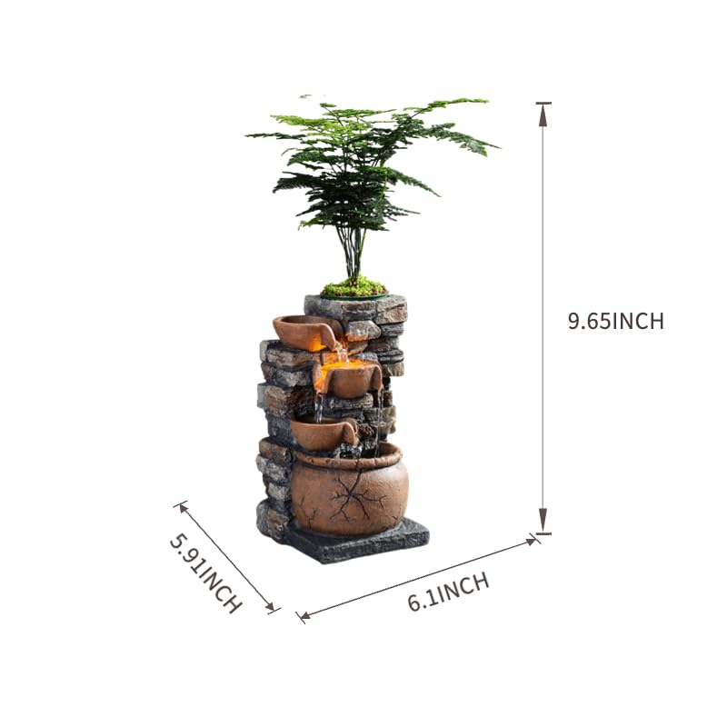 Indoor Fountain 4-Bowl Rockery Soothing Sound Tabletop Fountains Home/Office Decor with a Small Plastic Pot to Grow The Plant by Yourself(Automatic Watering)(23001)
