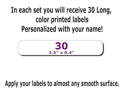 30 Long Personalized Waterproof Name Labels. Press and Stick Multi use Custom Name Labels. Customized Your Text and Color. ID Identification Name Stickers with Permanent Self Adhesive. - color: 30 Long Labels - White Background