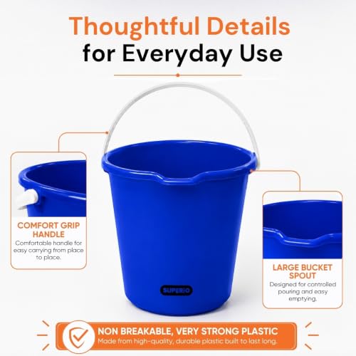 Superio 2.75 Gallon Bucket, Plastic Cleaning Pail with Handle, Car Wash Bucket, Small Utility Bucket for Mopping, Fishing, Camping & Household Use, Durable, Blue - 6 Pack - color: Blue, size: 6 Pack