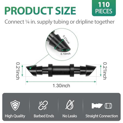 RedChili Drip Irrigation Universal 1/4" Barbed Coupling Fitting, 110 Pieces Drip System Parts Double Barbed Coupler Connectors Fits 1/4-Inch Drip Tubing Irrigation for Drip Line Connection - size: 1/4" Barbed Coupling