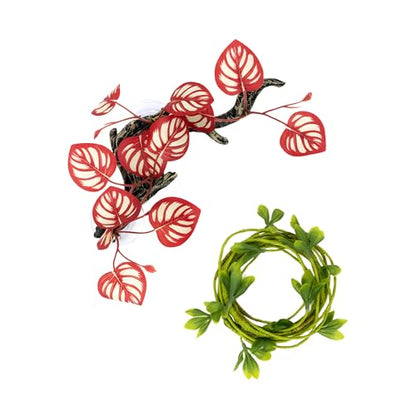 Reptile Climbing Vine 2-Pack – Resin Driftwood with Suction Cups & Bendy Ivy (Medium-Large 10") for Terrariums, Geckos, Lizards, Snakes, and Reptile Habitats (Crimson Vein) - color: Crimson Vein