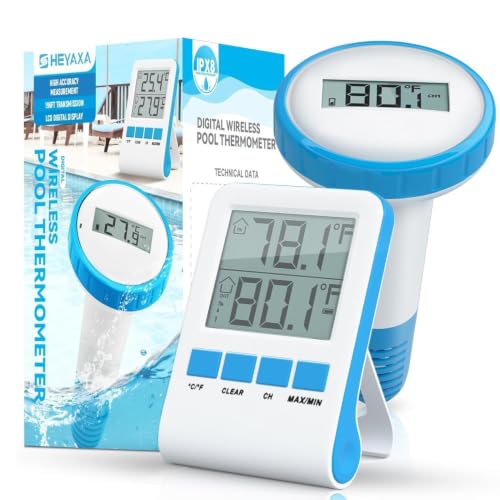 HEYAXA Wireless Pool Thermometer, IPX8 Waterproof Floating Digital Pool Thermometer with Easy-to-Read Large Display, Wireless Water Temperature Monitor for Swimming Pool, Hot Tub, Spa, Pond & Aquarium