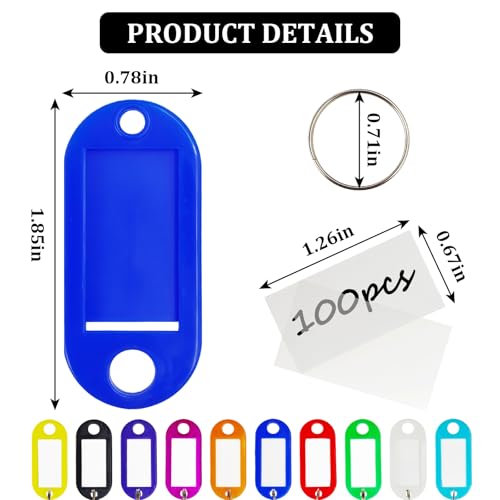 100 Pack Tough Plastic Key Tags with 10 Colors,Key Tags with Split Ring Label Window for Organization and Identification of Keys,Luggage,Pets,Bags,USB Drives - size: 100 pack