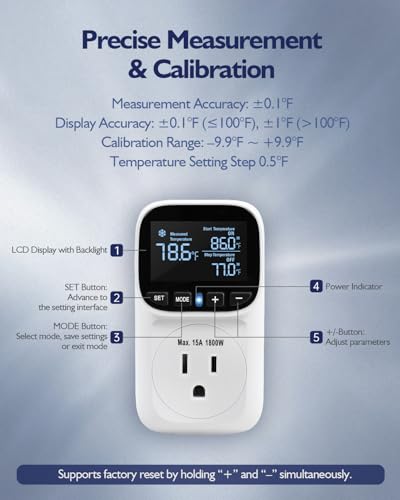 Digital Temperature Controller, Heating Cooling Thermostat Outlet | –40℉~210℉, Heavy Duty 15A 1800W Plug in Thermostat with LCD Display, Temperature Controlled Outlet for Homebrew Greenhouse - style: White