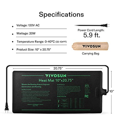 VIVOSUN 10" x 20.75" Durable Waterproof Seedling Heat Mat | UL & MET-Certified Warm Hydroponic Heating Pad for Germination, Indoor Gardening, Greenhouse - size: 10"x20.75"
