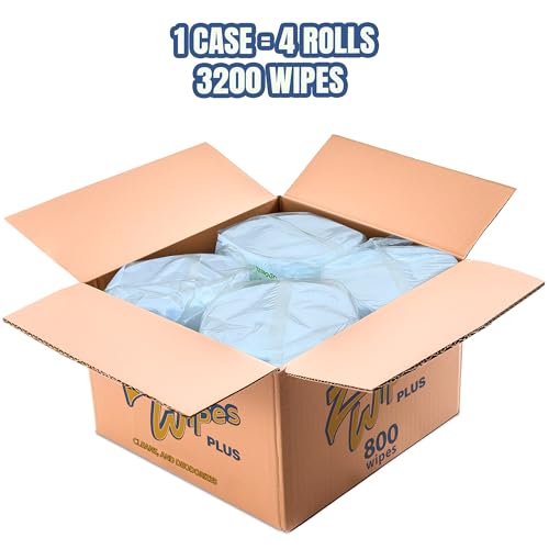 Zoom Wipes Plus – 3,200 Total 4 Rolls of 800 – Citrus Scented Cleaning & Deodorizing Wipes for Fitness Equipment, Office & Household, Compatible with Dispenser Buckets, Alcohol & Bleach-Free